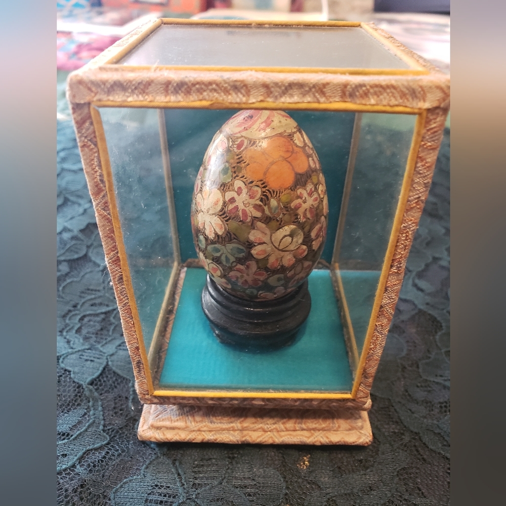 Hand Painted Chinese Wooden Egg in Glass Case
